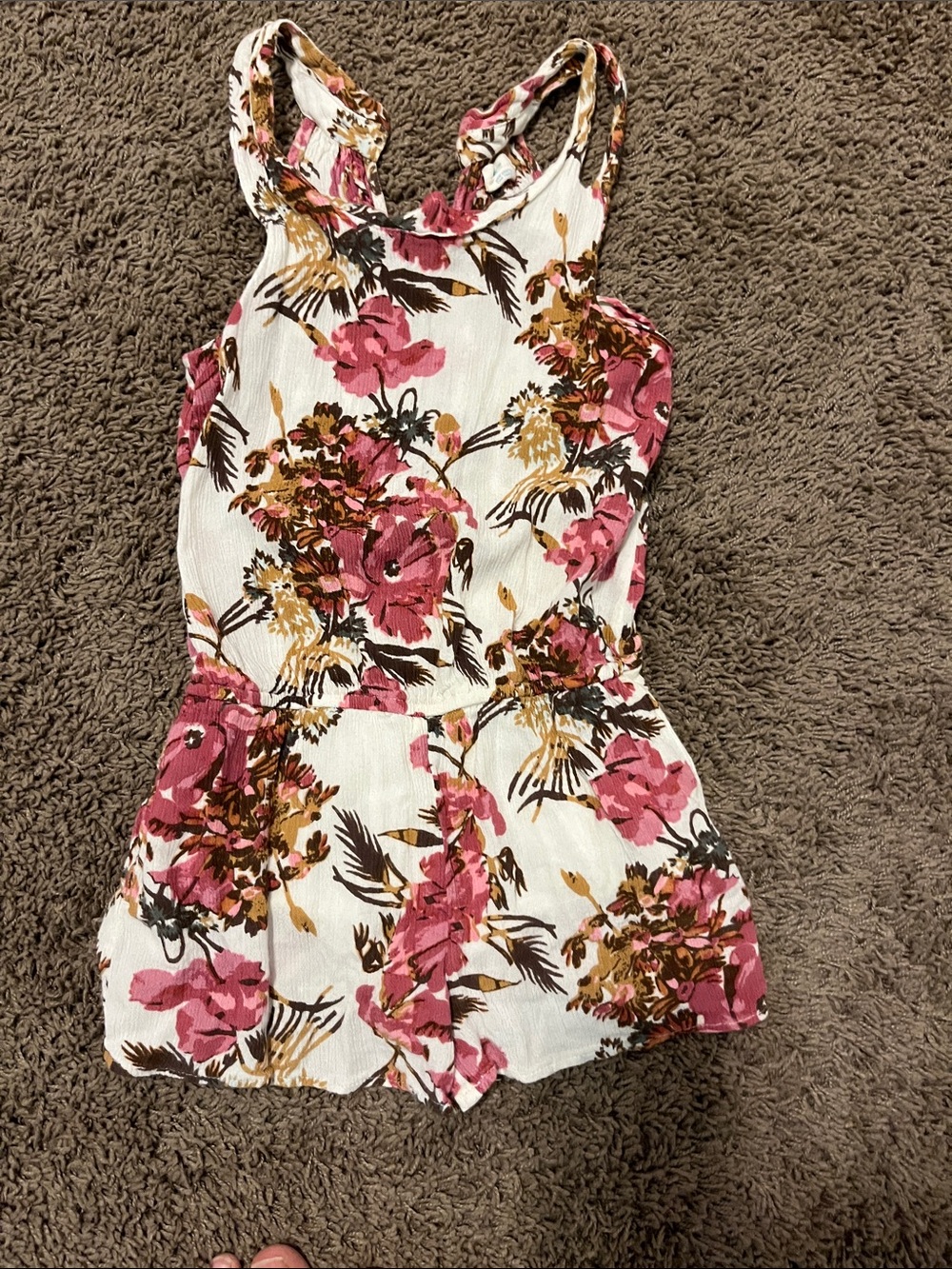 Girl’s Floral Tank Romper in White with Pink Floral Print
